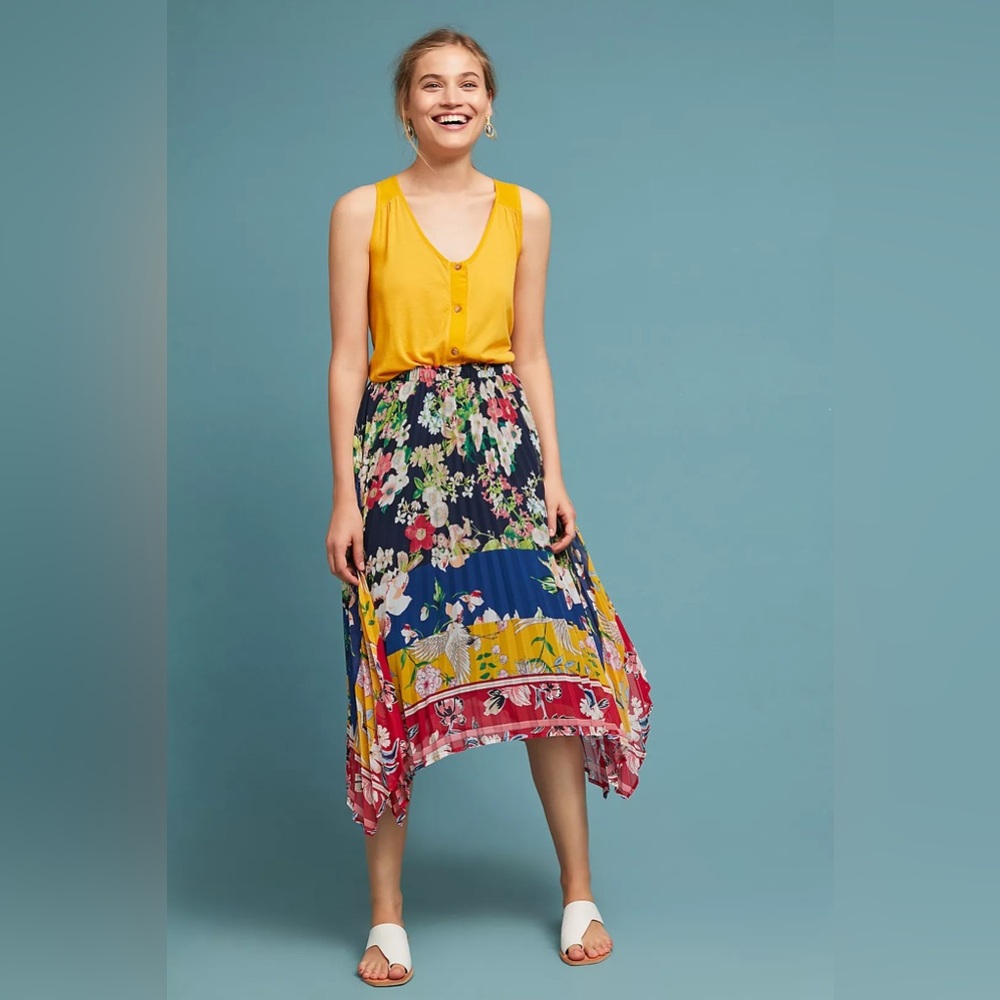 ANTHROPOLOGIE XL ONE SEPTEMBER Leora Floral Skirt - Pleated Handkerchief Hemline